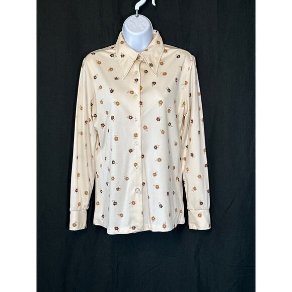 VTG DONNKENNY Cream Ditsy Floral Blouse S/M 60s/70s Retro Groovy Large Collar - Picture 1 of 15